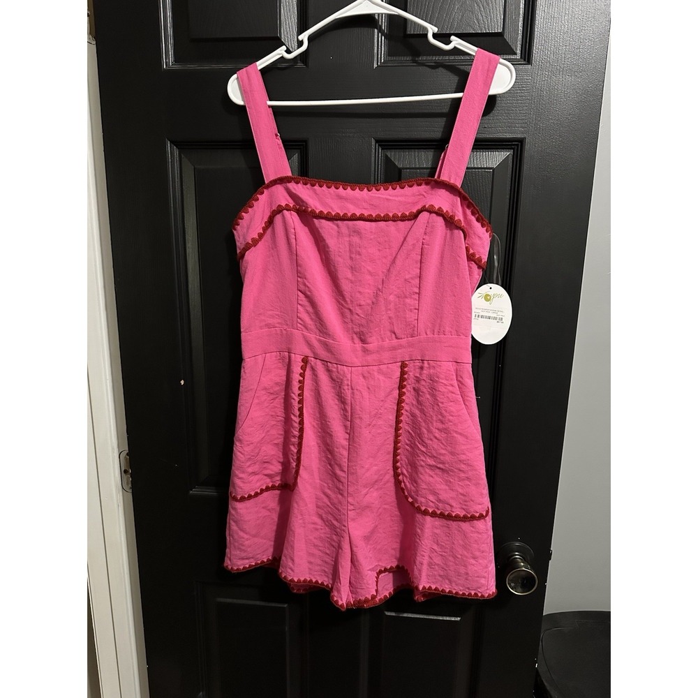 Women's Pink Romper with Red Trim, Square Neck, Sleeveless, Straight Leg